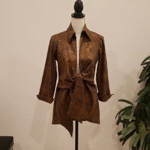 Mishca Top jacket blazer with tie front, Size S, leopard print sude feel